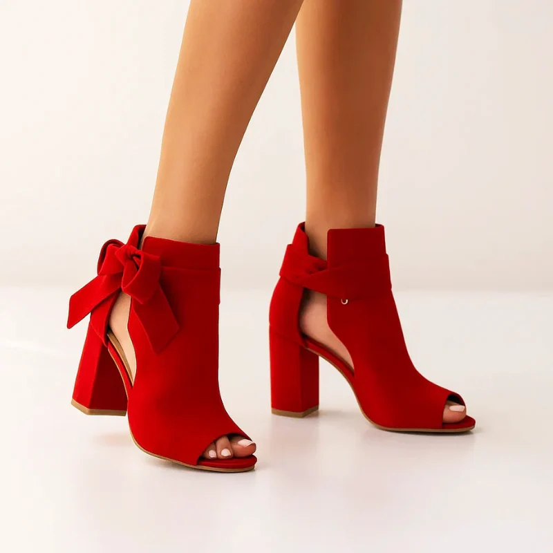 Women’s Peep-Toe Faux Suede Heels with Bow Tie Detail - Image 2
