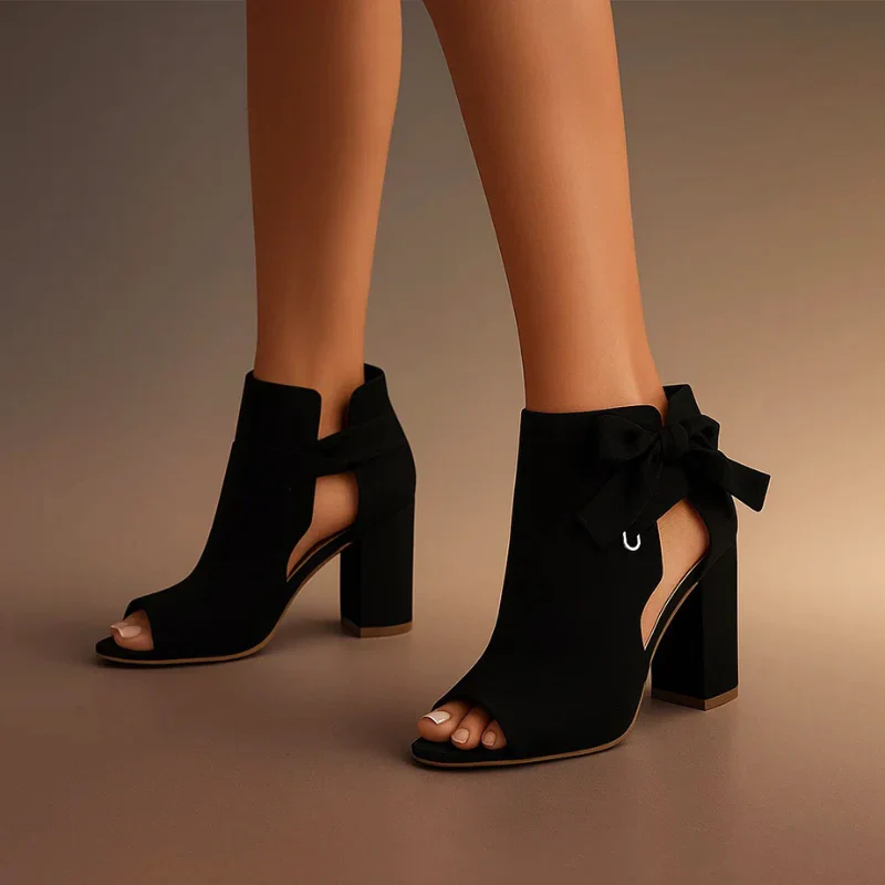 Women’s Peep-Toe Faux Suede Heels with Bow Tie Detail - Image 3