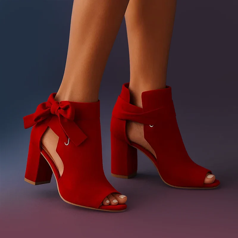 Women’s Peep-Toe Faux Suede Heels with Bow Tie Detail - Image 5