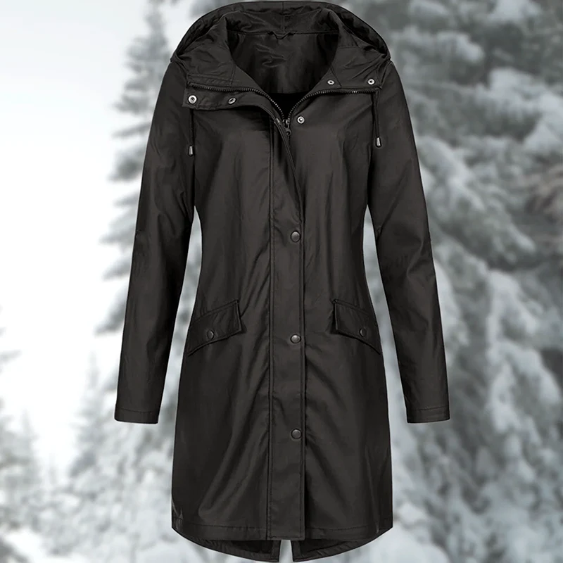 Women’s Rain Coat with Snap Buttons and Drawstring Hood - Image 2