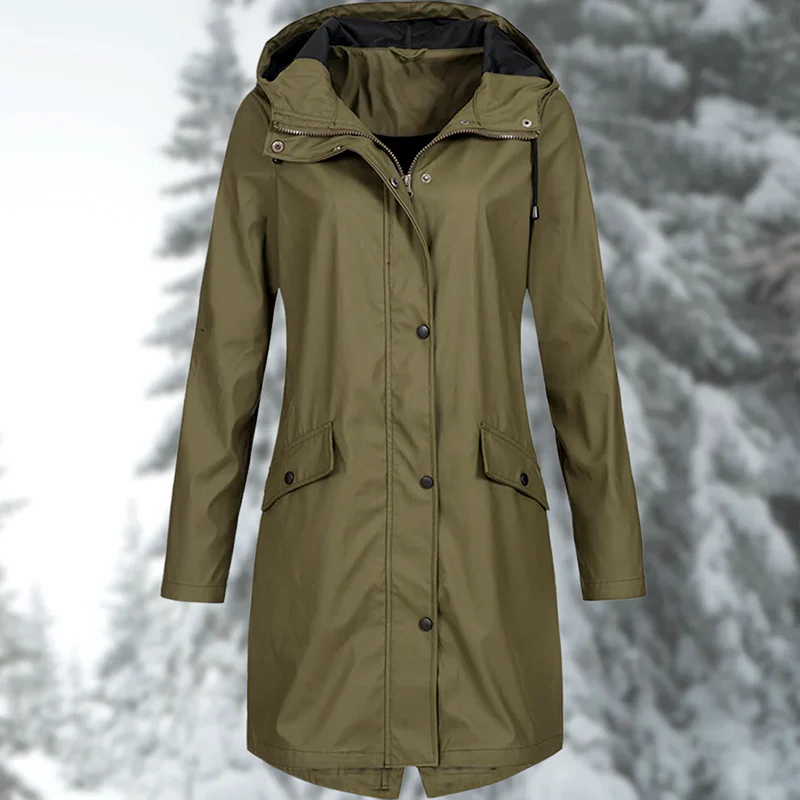 Women’s Rain Coat with Snap Buttons and Drawstring Hood - Image 3