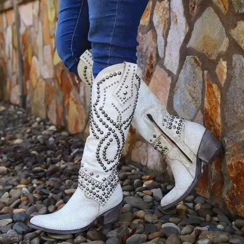 Women’s Studded Leather Knee-High Western Boots - Image 3