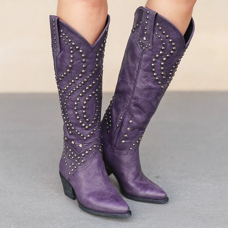 Women’s Studded Leather Knee-High Western Boots - Image 4