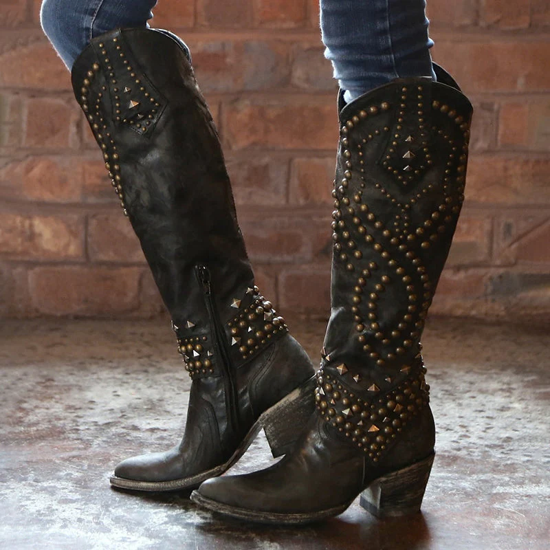 Women’s Studded Leather Knee-High Western Boots - Image 5