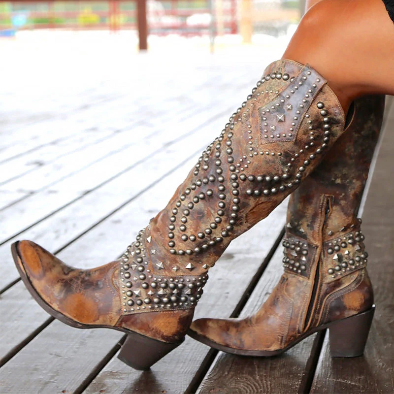 Women’s Studded Leather Knee-High Western Boots - Image 6